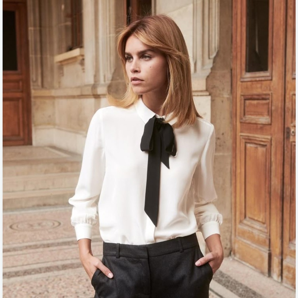 Sezane silk White Blouse with Black Bow